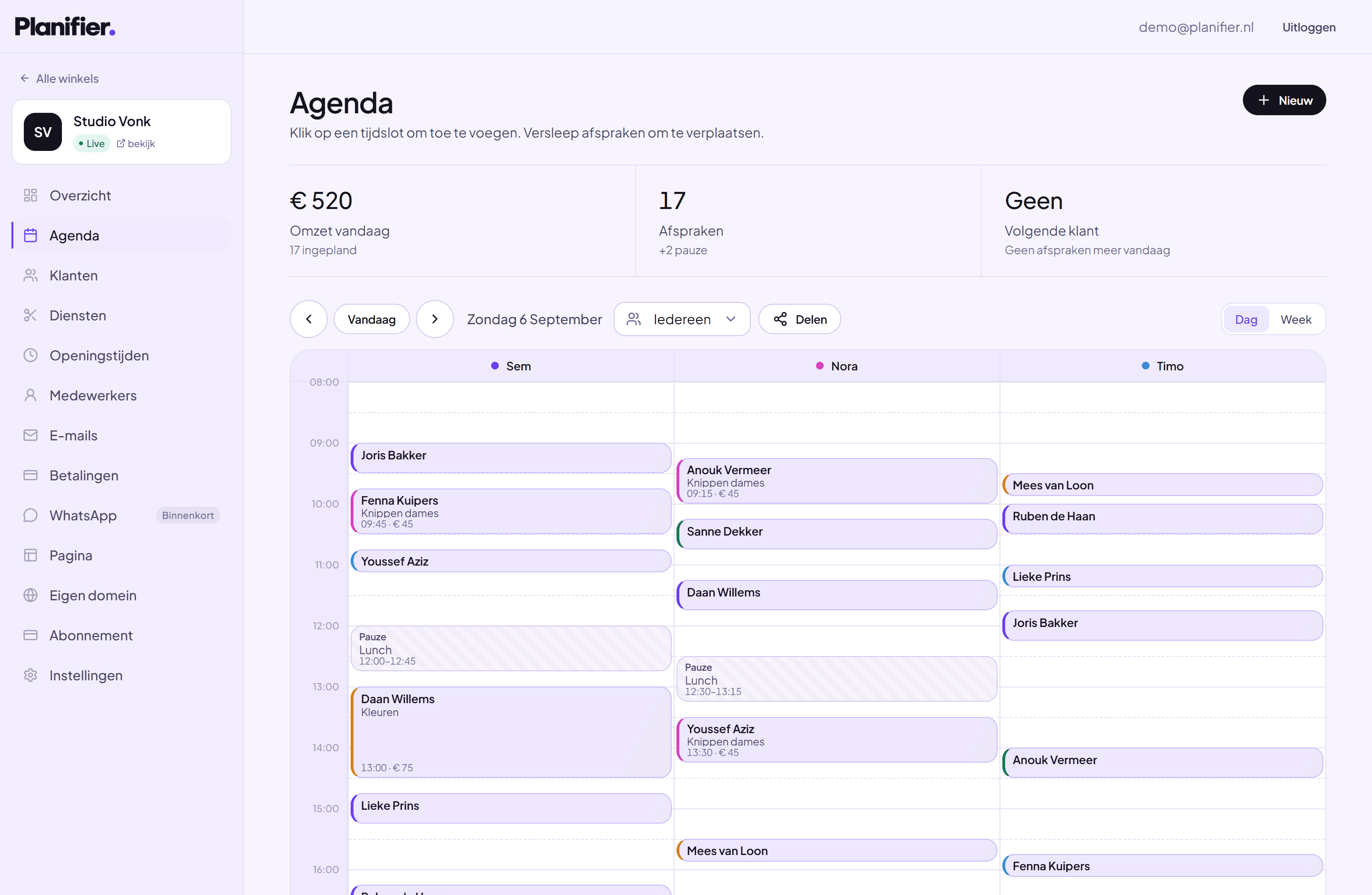 Het dashboard van Planifier met de agenda van een dag: tien afspraken, een pauze en de omzet van vandaag.