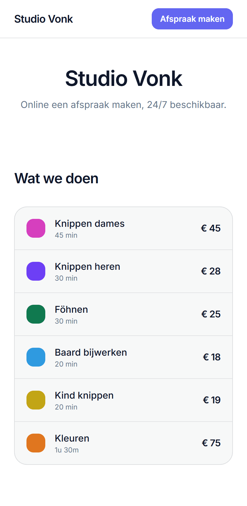 De boekingspagina van een salon op een telefoon, met de diensten en de prijzen.