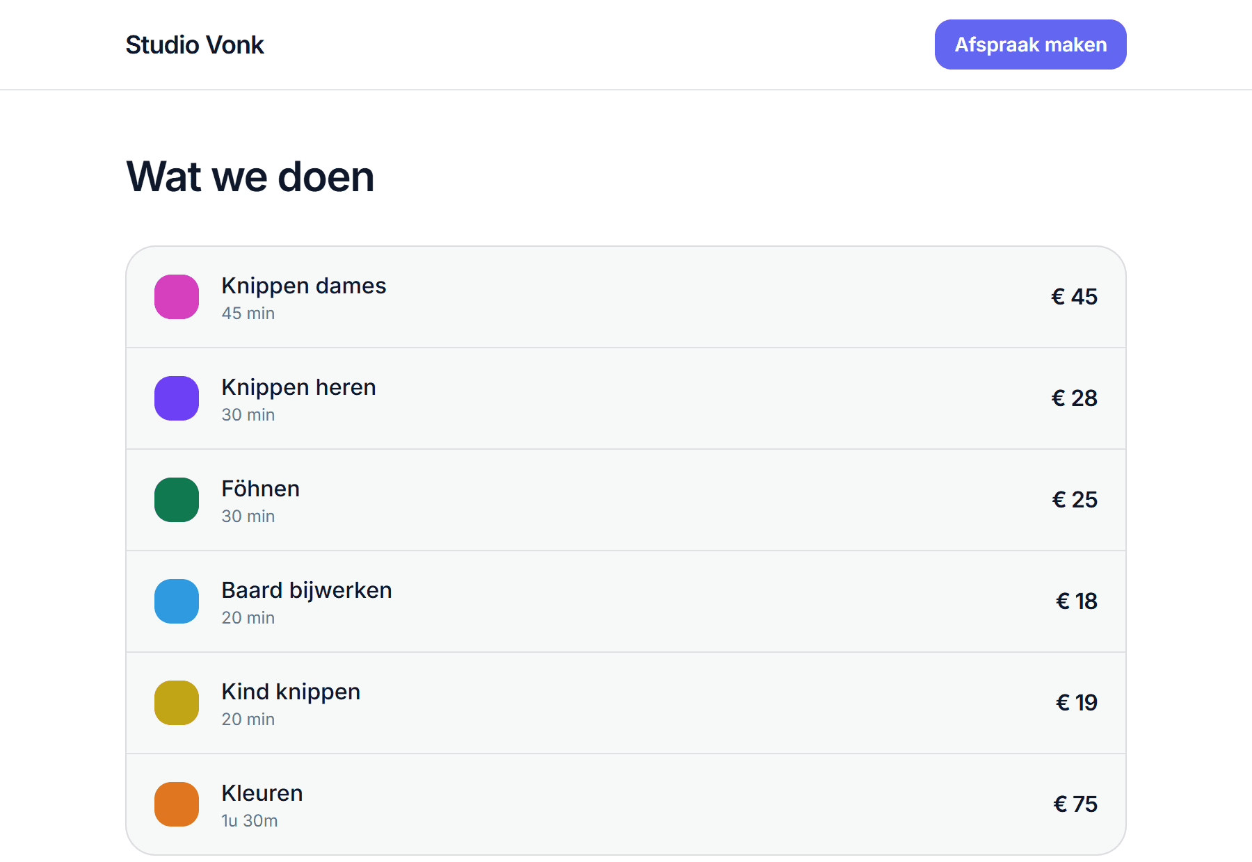De site van Studio Vonk: de naam van de zaak, een knop om een afspraak te maken en de diensten met prijzen uit de agenda.